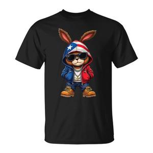 T-Shirt Cool Bunny Vibes Boricua con Bandiera di Porto Rico, Design Personalizzato Promozionale - Product Image 1