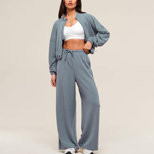Wholesale Iron Blue Women's 2 Piece Waffle Midi <b>Zip</b> Up Tracksuit Set <b>Hoodie</b> & Sweatpants <b>Cropped</b> 2 Piece Women's Sweat Suit Set - Product Image 1