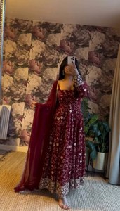 Robe ANARKALI, bas, dupatta, en georgette de luxe, broderie, travail de paillettes, style vintage, été, ample, costume naturel - Product Image 4