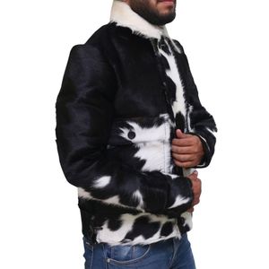 Veste en cuir de vachette de haute qualité pour homme Noir Blanc Imprimé vache Vêtement d'hiver - Product Image 3