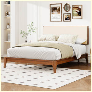 Cama moderna con plataforma de madera de bambú seco sólido de 12 pulgadas con cabecero ajustable Cama con marco de bambú tapizado - Product Image 1