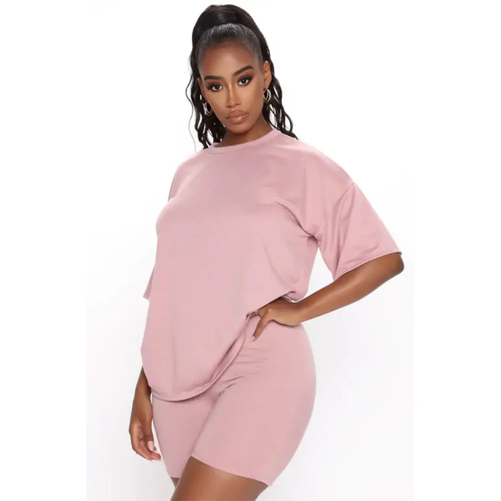 Custom Hot Selling Ladies Summer Woman Short Set Women Thick Cotton Oversized T-Shirts And Cycling Shorts