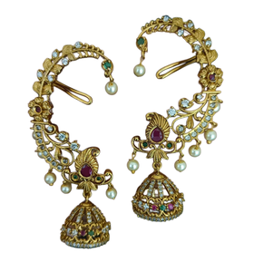 Designer Traditional Temple Elegant Ear Cuff <b>Earrings</b> with <b>Jhumka</b> & Pearl Drops | Gold Plated CZ Stone Indian Jewelry for Women - Product Image 1