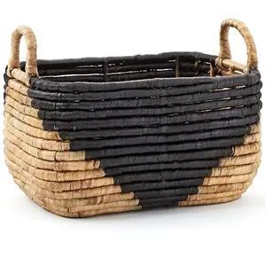 Zweifarbige hand gewebte rechteckige Seegras-Wäsche körbe Wicker Water Hyacinth Storage Basket Bin Griffe zum Organisieren von Haltern