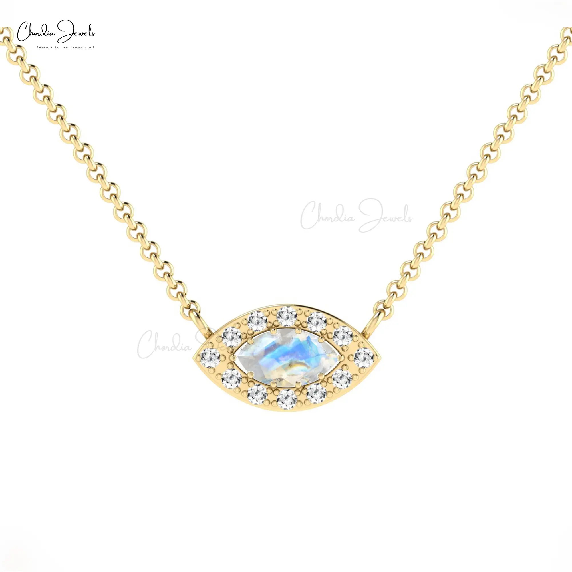 Grosir perhiasan halus kalung 6x3mm potongan Marquise pelangi batu bulan jimat mata kalung dengan berlian dalam 14k emas padat