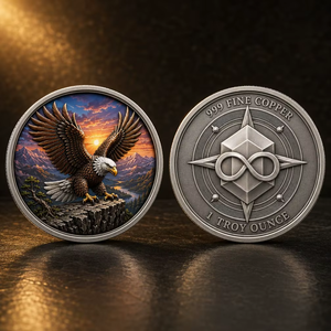 Pièce de monnaie ronde personnalisée de 1 once de Troy, en cuivre fin 999, avec aigle <span class=keywords><strong>chauve</strong></span> en relief 3D, impression UV, motif Montagne Coucher de Soleil Infini, cadeau de collection - Product Image 3