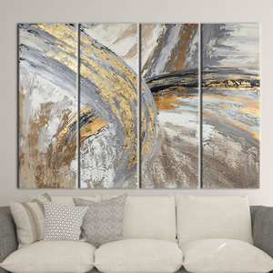 งานศิลปะนามธรรมลายหินอ่อนสีทอง - ภาพพิมพ์บนผ้าใบสำหรับตกแต่งผนังสไตล์ร่วมสมัย,4P: ห่อหุ้มอย่างดี - Product Image 1