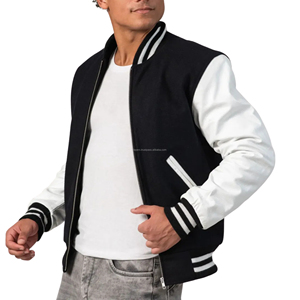 Blouson universitaire unisexe zippé en laine avec manches en cuir, style bomber côtelé, doublure matelassée, patchwork sur le devant, uniforme d'équipe de baseball - Product Image 5