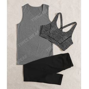 Ensemble de sport à rayures pour femme, 3 pièces, haut sans manches et legging, ensemble de Yoga - Product Image 1