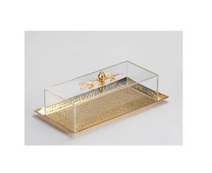 Bandeja de dulces martillada de aluminio con cubierta acrílica y trabajo islámico Bandeja para servir alimentos de color dorado de la mejor calidad - Product Image 5