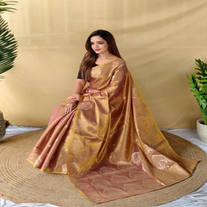 Sari VASTRA COTTAGE Premium de Tela Zari con Bordado de Motivo de Elefante, Cuerpo Floral Butti con Blusa de Brocado, Ropa Festiva - Product Image 1