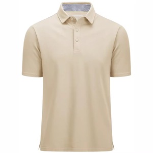 <b>Men's</b> Beige Short Sleeve Polo Shirt Solid Color Pique Knitted Casual Breathable Regular Fit - Product Image 1