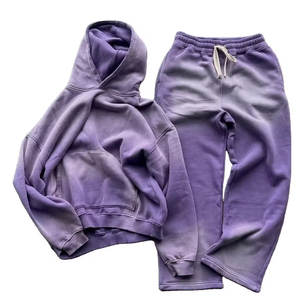 High Quality Oversized Acid Wash <b>Tracksuit</b> Set Custom Streetwear Vintage Sun Faded Wash Hoodie Sweatpants Distressed for Winter - Product Image 1