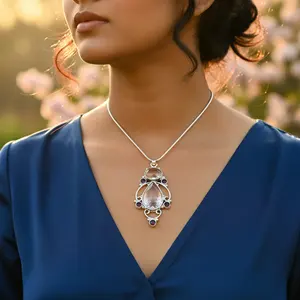 Collar con Colgante de Piedras Preciosas de Plata 925 para Uso Diario, con Circonita, Baño de Rodio en Oro de 14K, Patrón Geométrico, Religioso Ortodoxo - Product Image 3