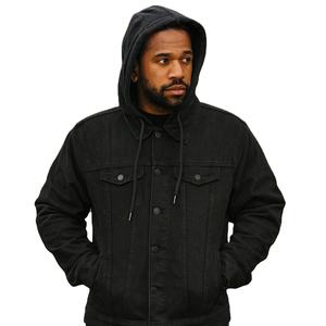 Wholesale Custom <b>Men's</b> <b>Hooded</b> <b>Denim</b> <b>Jacket</b> Basic Solid Color <b>with</b> Front Logo for Spring - Product Image 1