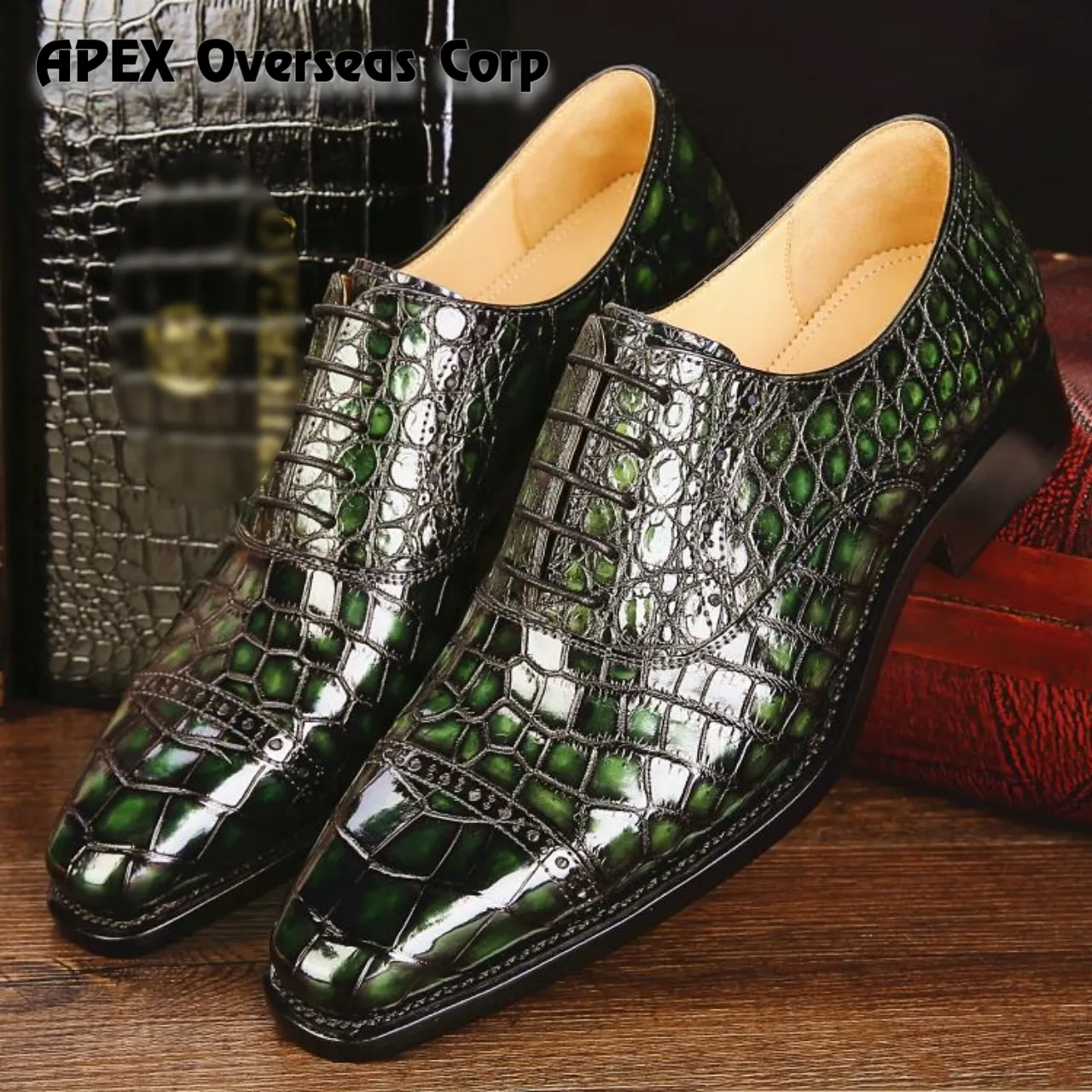 Mens Alligator Leather Cap toe Lace Up Oxford Dress Shoes Green Handmade Men Leather Dark Green Formal Oxford