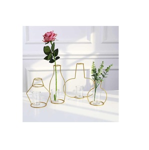 Modern Gold Glass <b>Vases</b> with Metal Frame Creative Desktop Planter Set Flower Holder Decorations for Wedding - Product Image 1