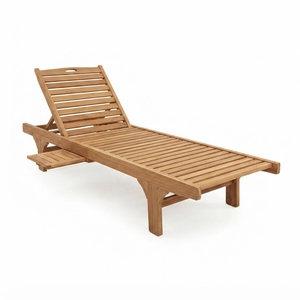 Chaise longue d'extérieur en teck massif avec plateau coulissant, chaise de piscine inclinable à lattes, design artistique et décoratif - Product Image 1