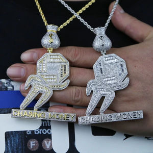 Lujoso colgante Chasing Money Letter Hip Hop Iced Out Round y Baguette Cut Lab Grown Diamonds con plata de ley 925 - Product Image 1