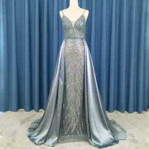 नई गहरी वी-गर्दन की शाम की पोशाक, सुरुचिपूर्ण फीता सैटिन बेडेड ड्रेस