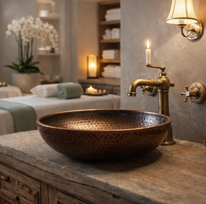 Esthétique de spa naturel, salle de bain de spa de luxe, lavabo en cuivre, thérapeute de spa avec serviettes, retraite bien-être, design de meuble de salle de bain de spa - Product Image 5