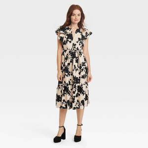 Vestido Midi Floral Beige y Negro para Mujer, Marca New Day, con Mangas con Volantes, Cintura Imperio, Decoración Fruncida, Transpirable, Talla XS - Product Image 1