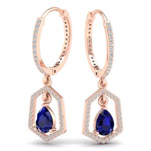 Boucles d'oreilles créoles REYES personnalisées en or 14 carats plaqué rhodium, saphir bleu taille poire 1,5 carat avec diamants pour femme - Product Image 3