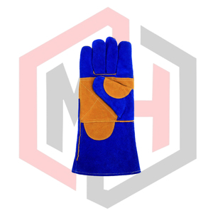 ถุงมือหนังสีน้ำเงินสำหรับงานเชื่อม  บุด้วยวัสดุเสริมความแข็งแรงสีน้ำตาลบริเวณฝ่ามือ ทนความร้อน ทนไฟ ป้องกันไฟฟ้าสถิต น้ำหนัก 11 ออนซ์ ยาว 14 นิ้ว ปราศจากซิลิโคนและแป้ง - Product Image 2