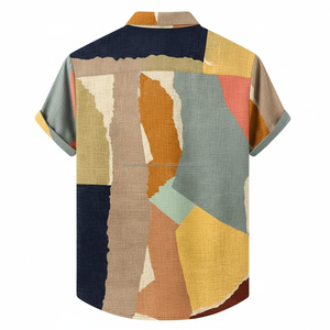Camisa Casual de Verano para Hombre, Diseño Abstracto con Bloques de Color, Manga Corta, Algodón y Lino Transpirable, Cuello con Banda, Botones - Product Image 2