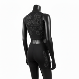 Traje de baño de dos piezas para mujer, de nailon y spandex, negro, con paneles curvos, pedrería termoadhesiva y logotipo personalizado. - Product Image 5