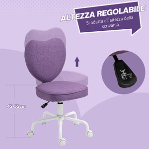 HOMCOM Heart-Shaped <b>Desk</b> <b>Chair</b> with 5 Wheels and Adjustable Height in Fabric, 40x50x79-89cm, <b>Purple</b> - Product Image 4