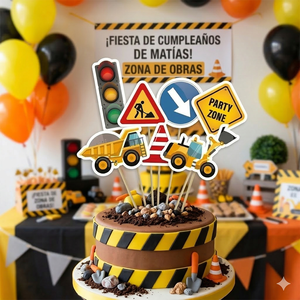 Juego de 7 Adornos de Madera para Pastel, Reutilizables, Decoración para Fiestas de Cumpleaños Infantiles, Tema de Camiones, Excavadoras y Señales de Tráfico - Product Image 5