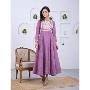 Purple Cotton <b>Block</b> <b>Printed</b> Anarkali Dress Pakistani-Style Ethnic Indian Wear Featuring Georgette Salwar and Choli - Product Image 1