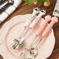 Ensemble de couverts mignon avec poignée en forme de patte de chat, cuillère, fourchette, couteau en céramique, acier inoxydable, vaisselle kawaii pour enfants, ensemble de vaisselle créatif