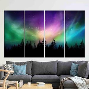 Impresión en lienzo Aurora Borealis: silueta de bosque, arte de pared con cielo estrellado, JUEGO DE 4 LIEÑOS - Product Image 1