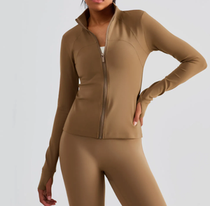 Personnalisé Haute Élastique Femmes Vintage Tricoté Zip Coupe-Vent Compression Slim Fit Sans Couture Yoga Gym Veste Active Fitness Workout - Product Image 3