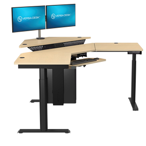 Contemporáneo VersaDesk PowerLift Tecnología Moderno Acabado de arce Escritorio de oficina en casa Ajuste de altura eléctrico Esquina convertible - Product Image 1