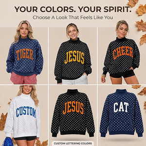 Women's Navy Polka Dot <b>Turtleneck</b> Sweatshirt Orange Tiger Print Casual Cotton <b>Sweater</b> Long Sleeve Winter Custom Design Silk - Product Image 5