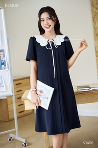 Robe de bureau bleue V1458 avec col blanc, tissu italien frais, doux et absorbant la transpiration pour femmes enceintes - Product Image 3