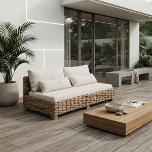 Natural Chunky <b>Rattan</b> Outdoor Garden <b>Sofa</b> Off White Cushion Woven Daybed Lounge Seating Room Setup Decor Pure Art Design - Product Image 4