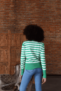 Cárdigan de punto con cuello en V para mujer, cárdigan transpirable cálido de manga larga, blusa con patrón de rayas con botones de perlas, servicios OEM - Product Image 5