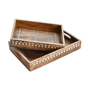 Bandejas de madera tallada a mano para servir comida, Juego de 2 con asas, Color blanco quemado, forma Rectangular, diseño moderno - Product Image 1