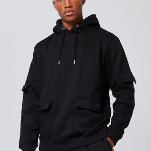 Sweat-shirt à capuche en molleton lourd pour homme avec logo personnalisé OEM, noir, streetwear d'hiver, broderie, poche cargo utilitaire - Product Image 3