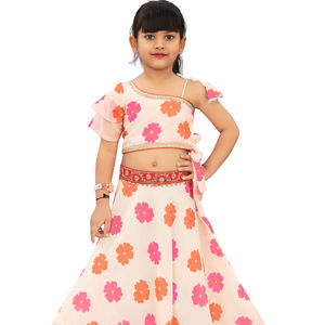 ชุดเลเฮนกาโชลีผ้าออร์แกนซ่าลายดอกไม้สีชมพูหรูหราสำหรับเด็กผู้หญิง ยี่ห้อโชรยัม แฟชั่น |   ชุดเดรสยาวสไตล์ร่วมสมัยสำหรับเทศกาลดีวาลี - Product Image 1