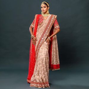 Sari indio premium exclusivo de organza de seda pesada con bordado Zari, diseño elegante para novias y bodas, para mujeres. - Product Image 3