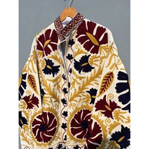 Unisex Uzbek Floral Embroidery Cotton <b>Velvet</b> Suzani Jacket <b>Coat</b> <b>Women's</b> Autumn/Winter Party Short <b>Coat</b> with Knitted Side Lining - Product Image 4