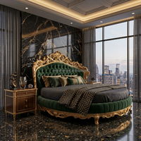 OE-FASHION Ensemble de mobilier complet pour chambre principale de villa, lit rond en velours vert émeraude de style baroque, bois sculpté à feuilles d'or