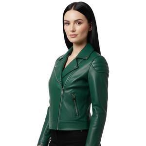 Chaqueta de Motociclista de Cuero Verde al por Mayor Global, Pedido Personalizado, Precio de Fábrica, Estilo Motero Genuino al por Mayor, Ropa de Moda para Mujer - Product Image 1