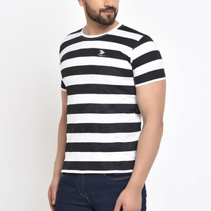 T-shirt rayé à manches courtes pour homme, col rond, coupe oversize, 100 % coton, décontracté, respirant, tricoté, avec logo frontal, tissu peigné 400g - Product Image 5
