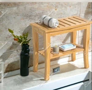 Premium Bamboo <b>Shower</b> Bench with Shelf Bathroom Shaving Foot Wood Spa Organizer Perfect for Indoor or Outdoor Bone Inlay Console - Product Image 4
